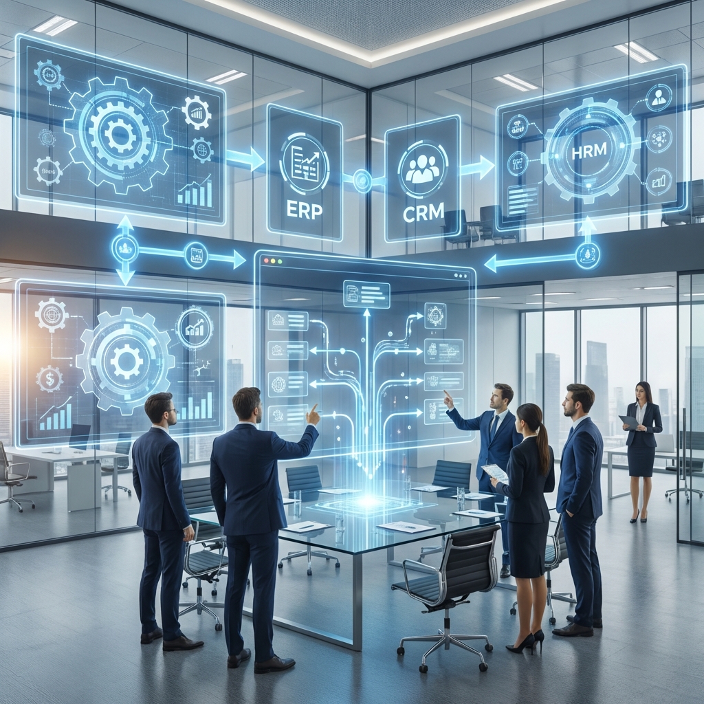Enterprise automation dashboard showing AI agents connecting ERP, CRM, and HRM systems