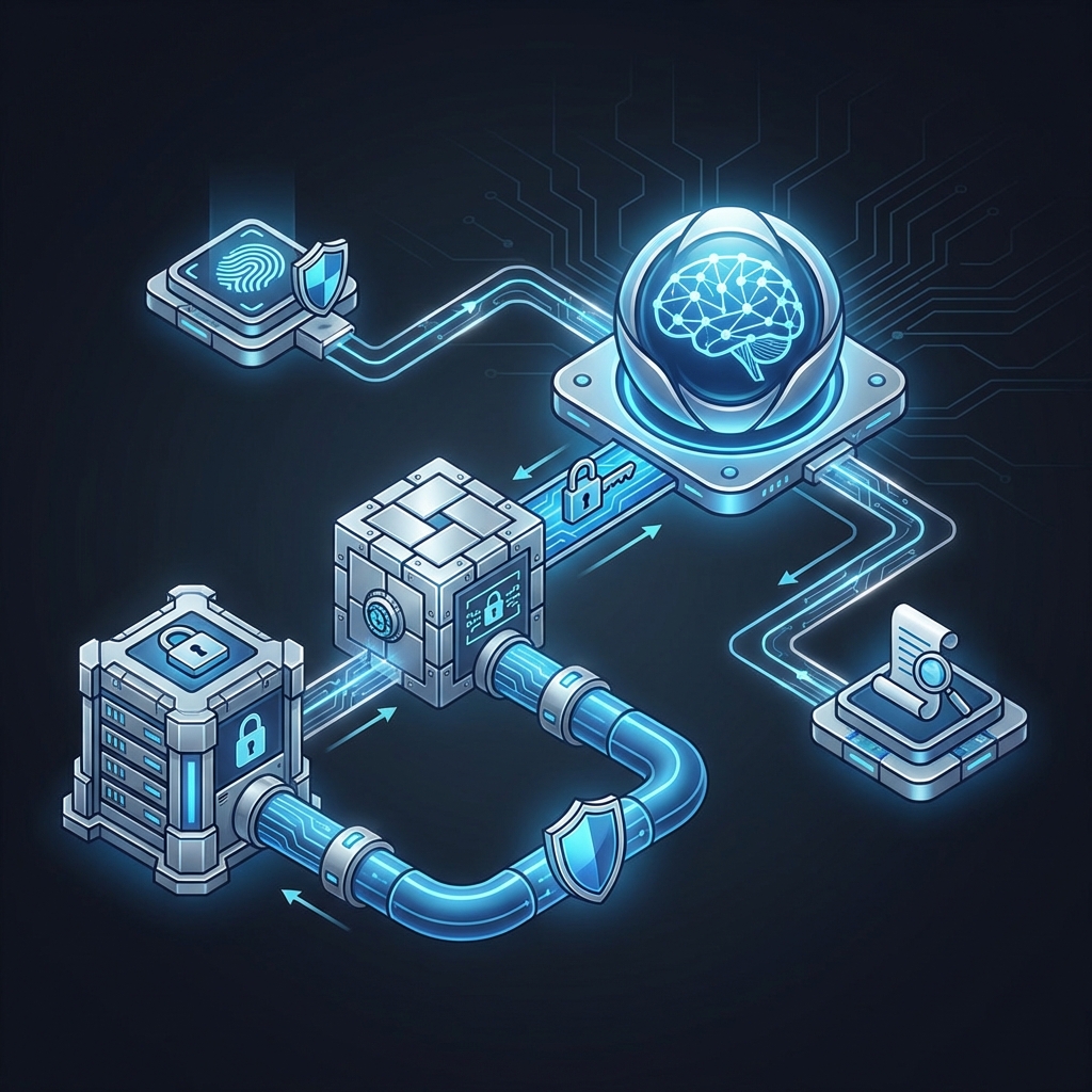 Privacy-first AI architecture showing on-premise deployment, encrypted vault, and access controls