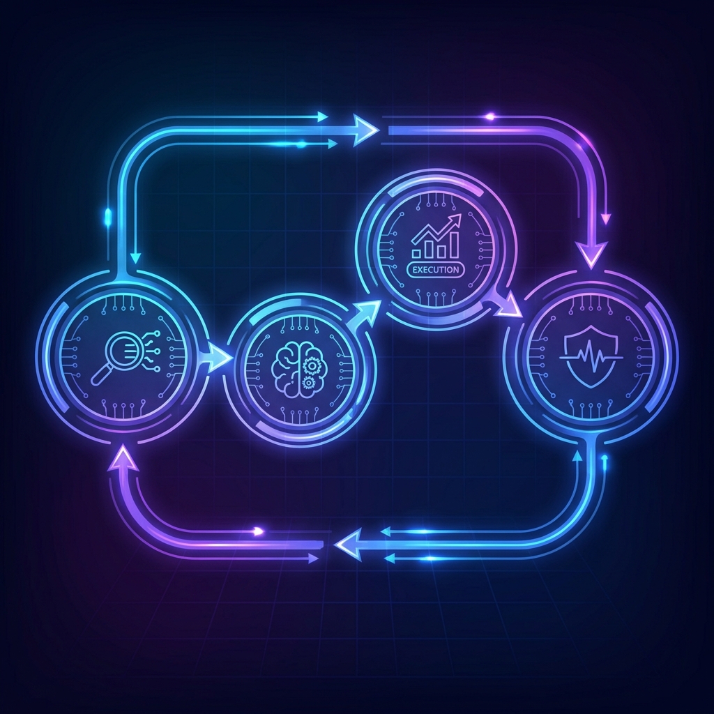 AI trading agent workflow showing market analysis, decision engine, trade execution, and risk monitoring