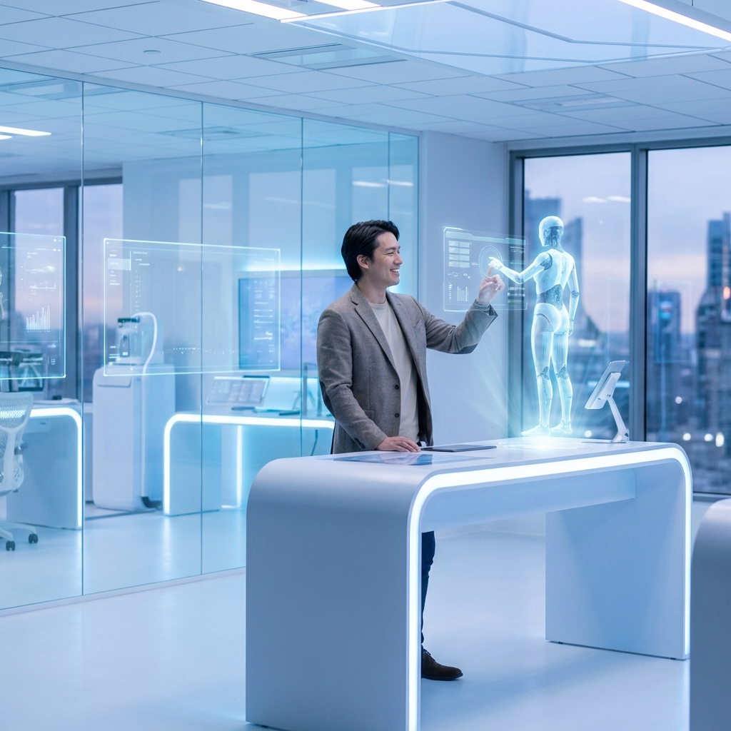 Human and AI collaboration showing professional working alongside AI agent hologram