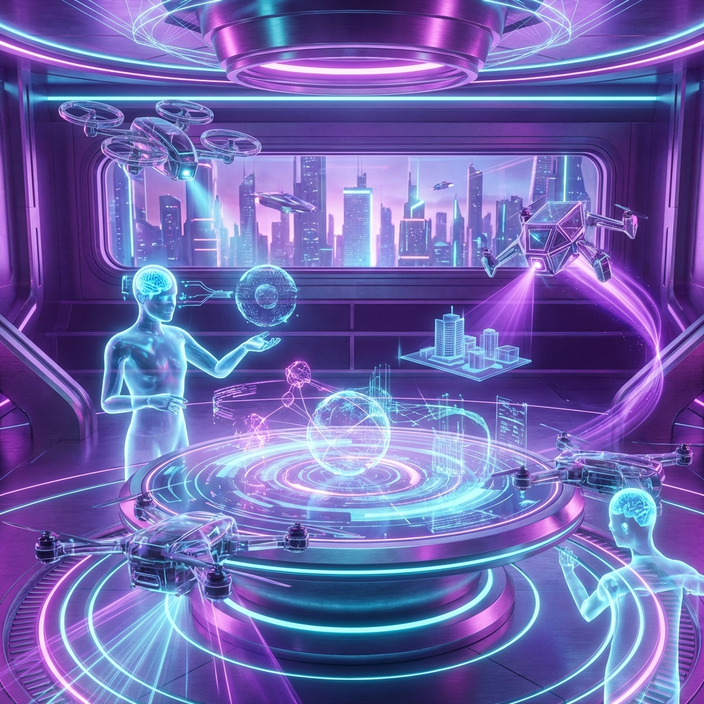 Futuristic vision of autonomous AI agents collaborating in holographic workspace