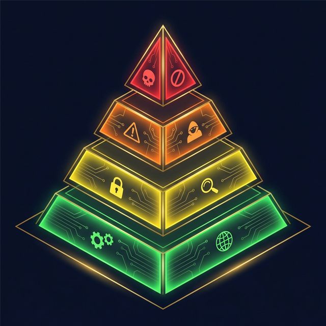 EU AI Act risk classification pyramid — four tiers from minimal risk (green) to prohibited practices (red)