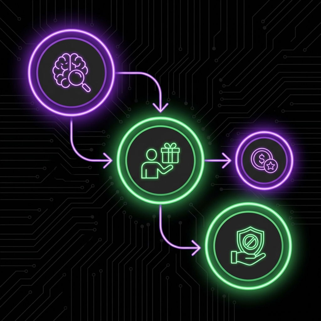 AI player engagement flow showing behavior analysis, personalized recommendations, and responsible gaming intervention