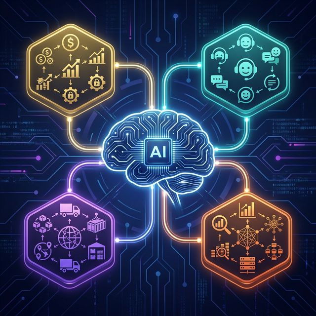 Multi-agent AI orchestration — specialized agents for finance, customer service, supply chain, and analytics connected through a central AI brain