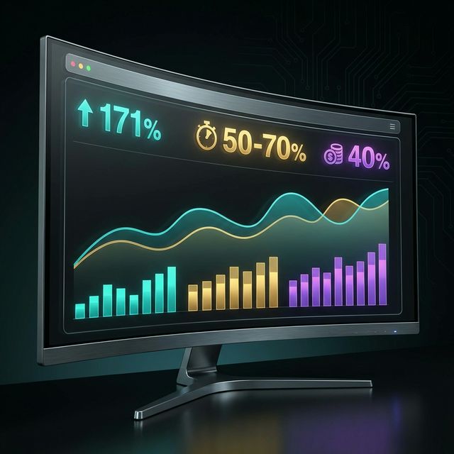 ROI dashboard for multi-agent AI implementations showing 171% average return, 50-70% time reduction, and significant cost savings