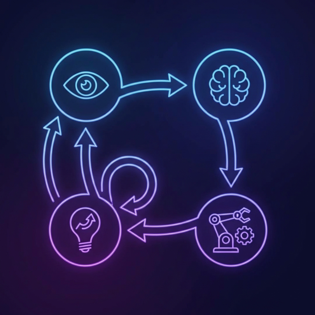 AI agent capability cycle showing perceive, reason, act, and learn forming continuous improvement loop