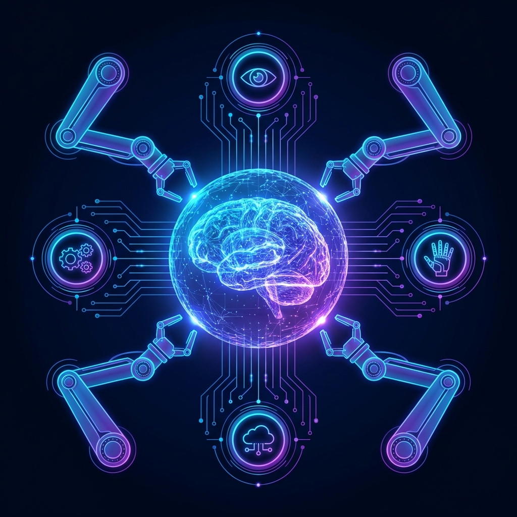 AI agent concept showing autonomous digital brain with perceive, reason, act, and learn capabilities