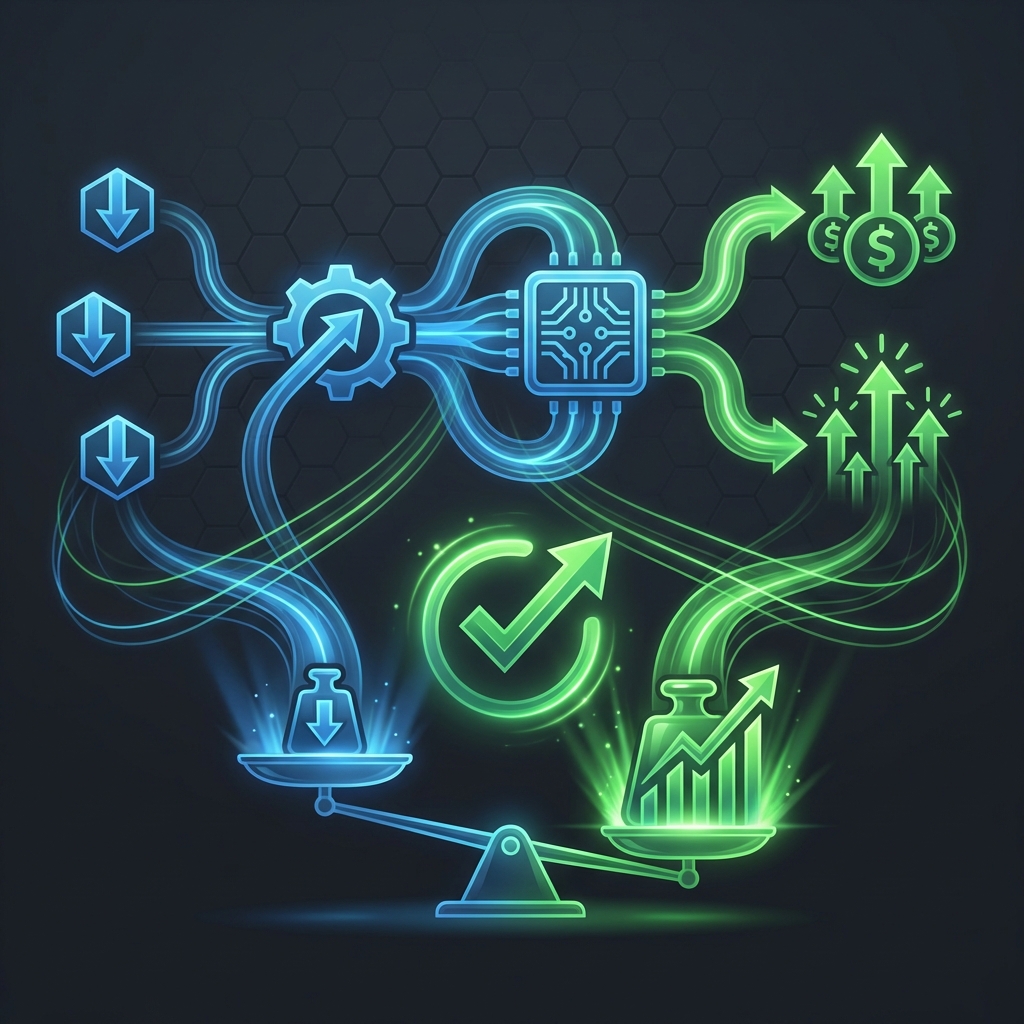 Cost-benefit analysis flow showing investment costs transforming into operational savings and value creation