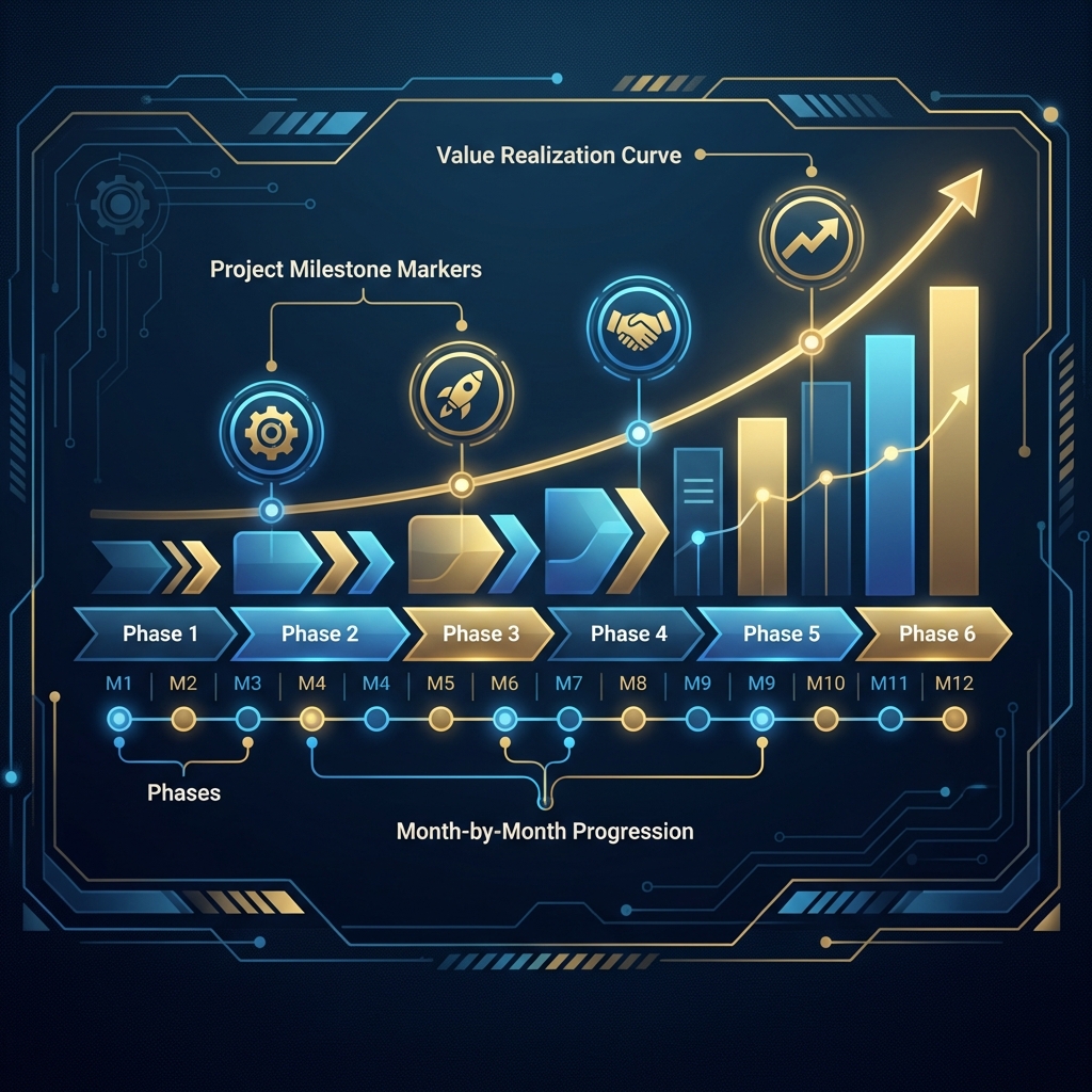 Implementation timeline with phases showing month-by-month progression and value realization curve
