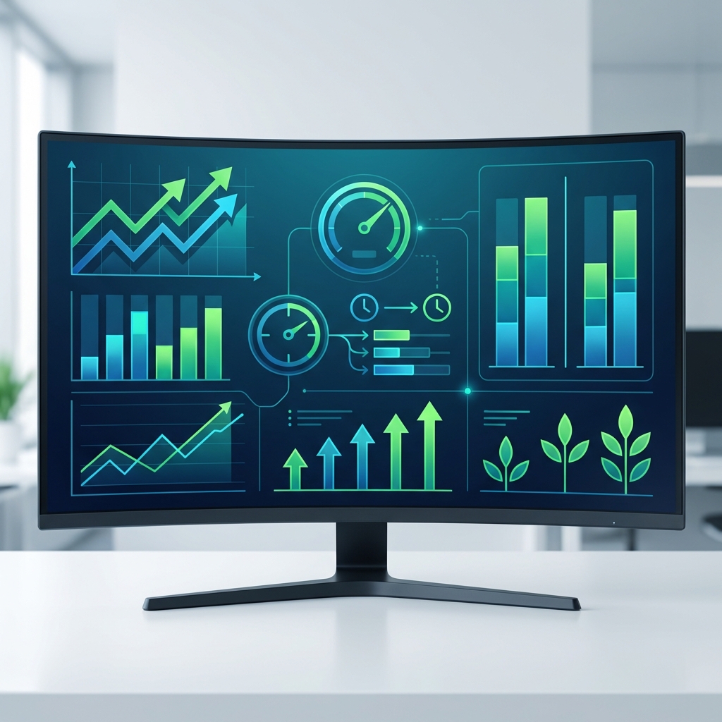 Business metrics dashboard showing ROI analysis, cost savings graphs, and efficiency improvements