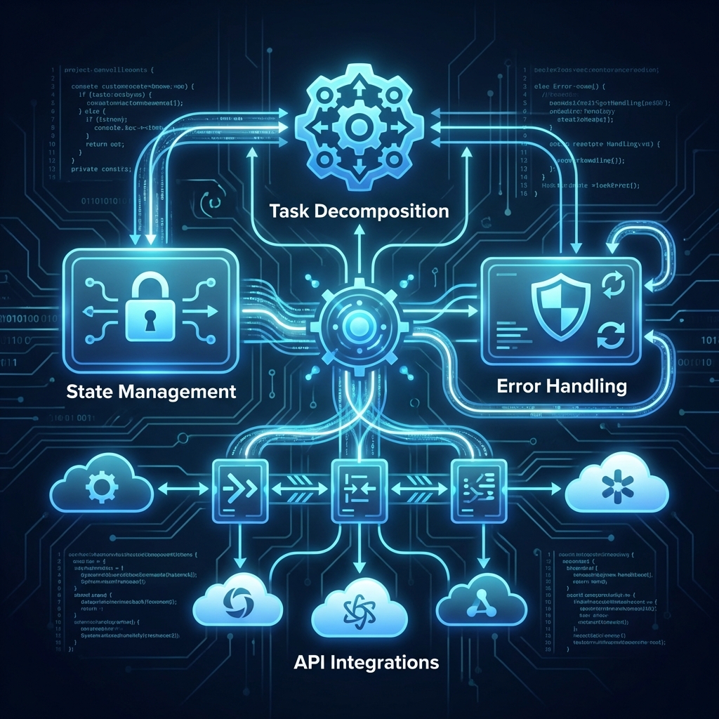 Agentic workflow architecture showing task decomposition, state management, error handling, and API integrations