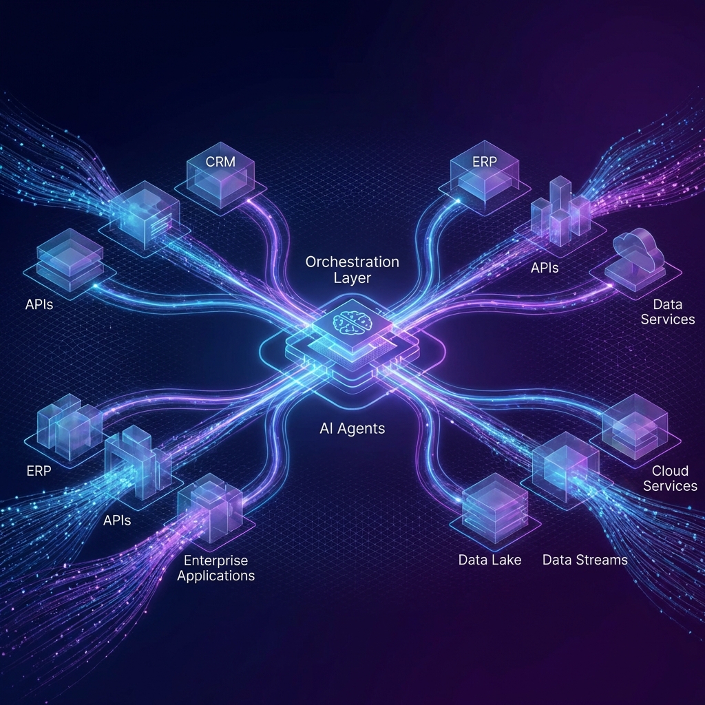 AI agents connecting enterprise applications through orchestration layer with data streams