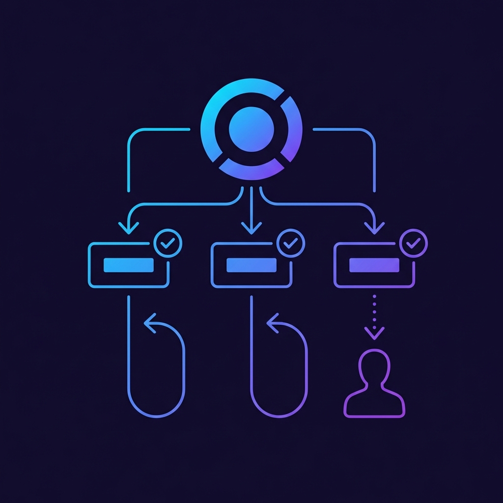 Task decomposition diagram showing goal breakdown into verified subtasks with human escalation path